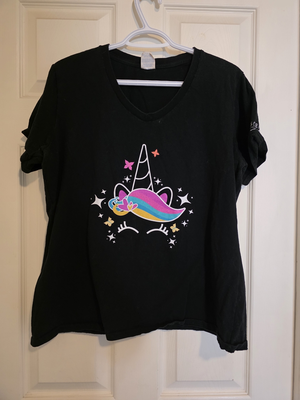 Scentsy Black V-Neck Unicorn Tee with Rainbow Mane